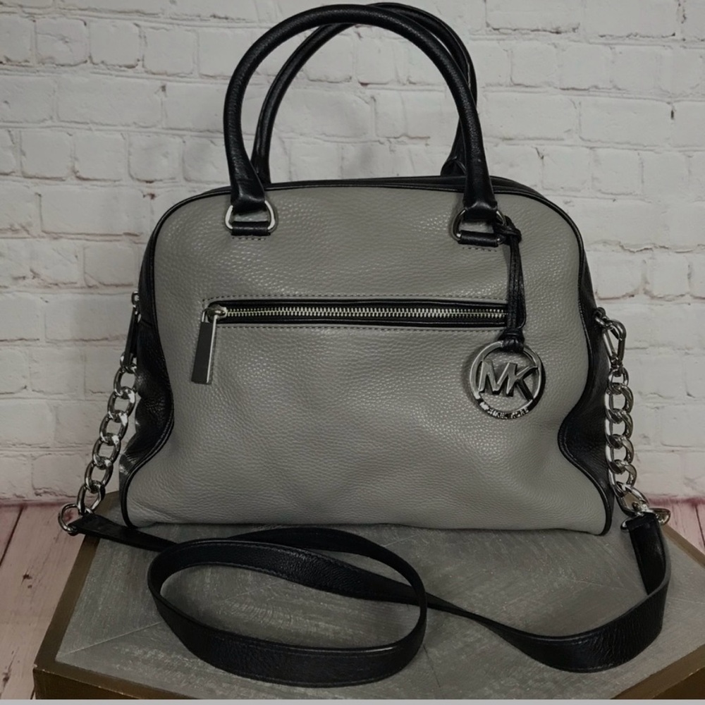 Michael Kors Knox Rare Two Tone Slate Grey/Black Leather Large Satchel Crossbody